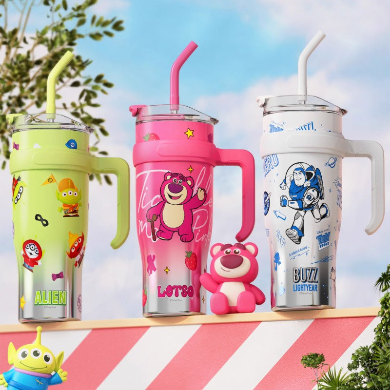 Lotso Strawberry Tumbler โ 1.2L Cute Pink Bear Mug with Handle & Straw