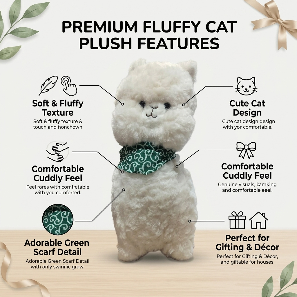 Cute Fluffy White Alpaca Plush Toy with Green Scarf (36cm)