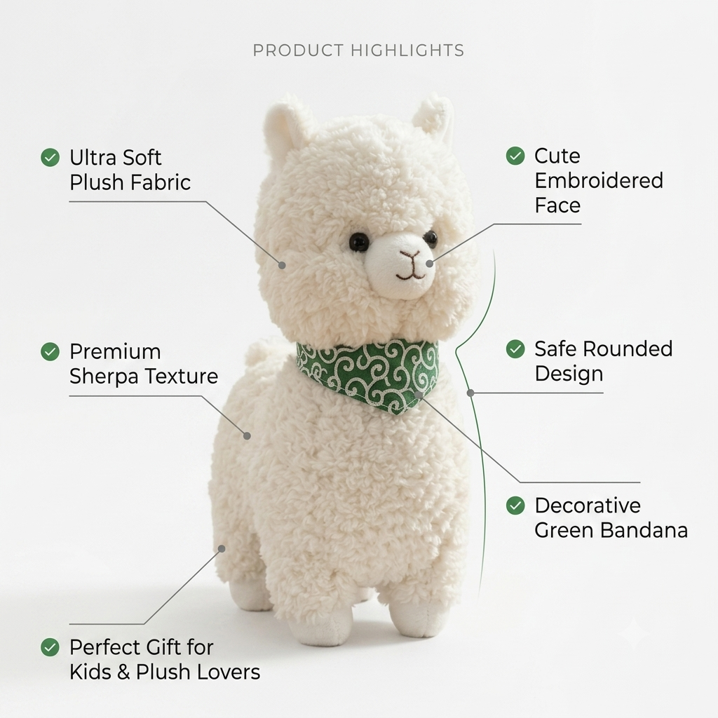 Ultra Soft Alpaca Plush Toy with Patterned Green Bandana – 30cm Sherpa Stuffed Animal
