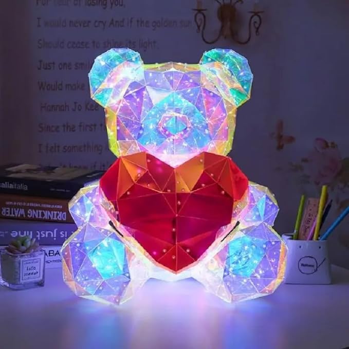 3D LED Light Bear DIY Crafts with Heart for Valentine's Day, Anniversary, Wedding, Birthday, Holographic Bear Colorful Rainbow Iridescent Artificial Night Light Romantic Mood Light Gift Box