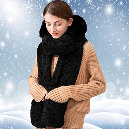 Emerge 2 in 1 Soft Plush Warm Faux Fur & Double Fleece Hooded Scarf/Neckwarmer with Hoodie with Pockets (Black, Free Size)