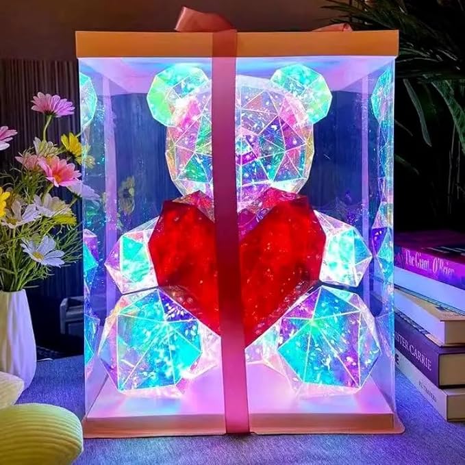 3D LED Light Bear DIY Crafts with Heart for Valentine's Day, Anniversary, Wedding, Birthday, Holographic Bear Colorful Rainbow Iridescent Artificial Night Light Romantic Mood Light Gift Box