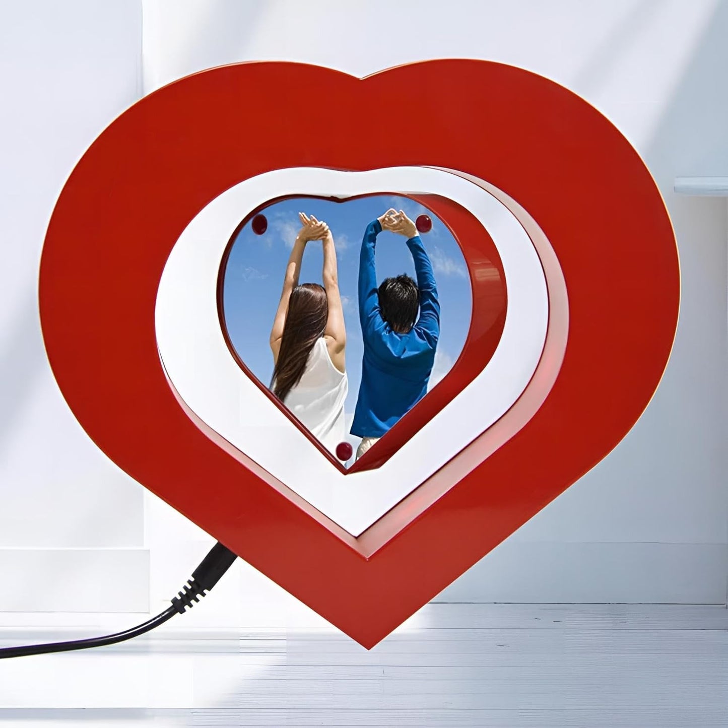 EMERGE Levitating Heart Photo Frame - Floating Magnetic LED Light with Double-Sided Picture Holder