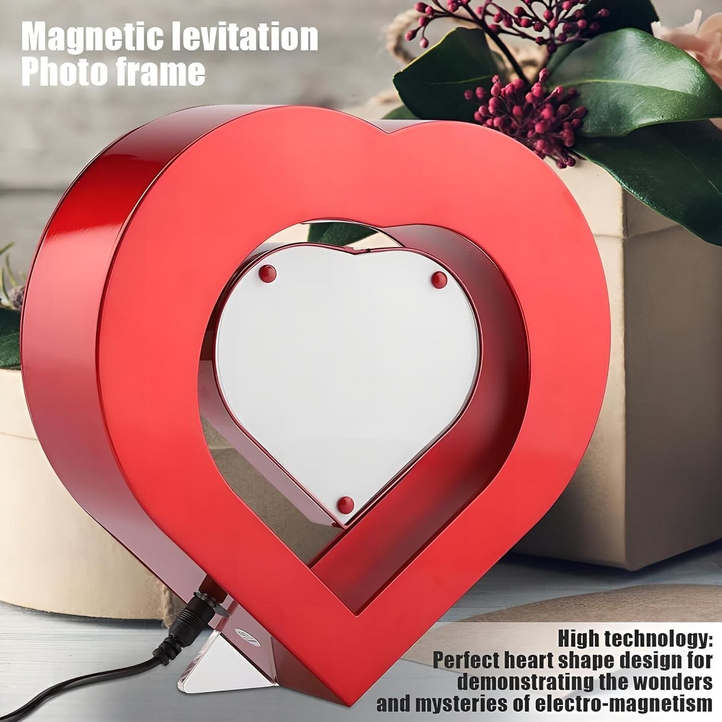 EMERGE Levitating Heart Photo Frame - Floating Magnetic LED Light with Double-Sided Picture Holder