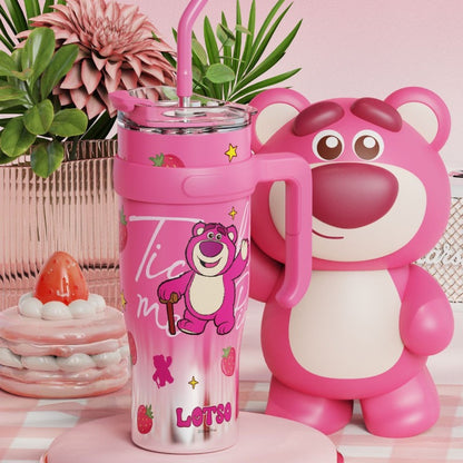 Lotso Strawberry Tumbler – 1.2L Cute Pink Bear Mug with Handle & Straw
