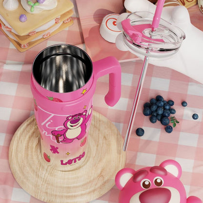 Lotso Strawberry Tumbler – 1.2L Cute Pink Bear Mug with Handle & Straw