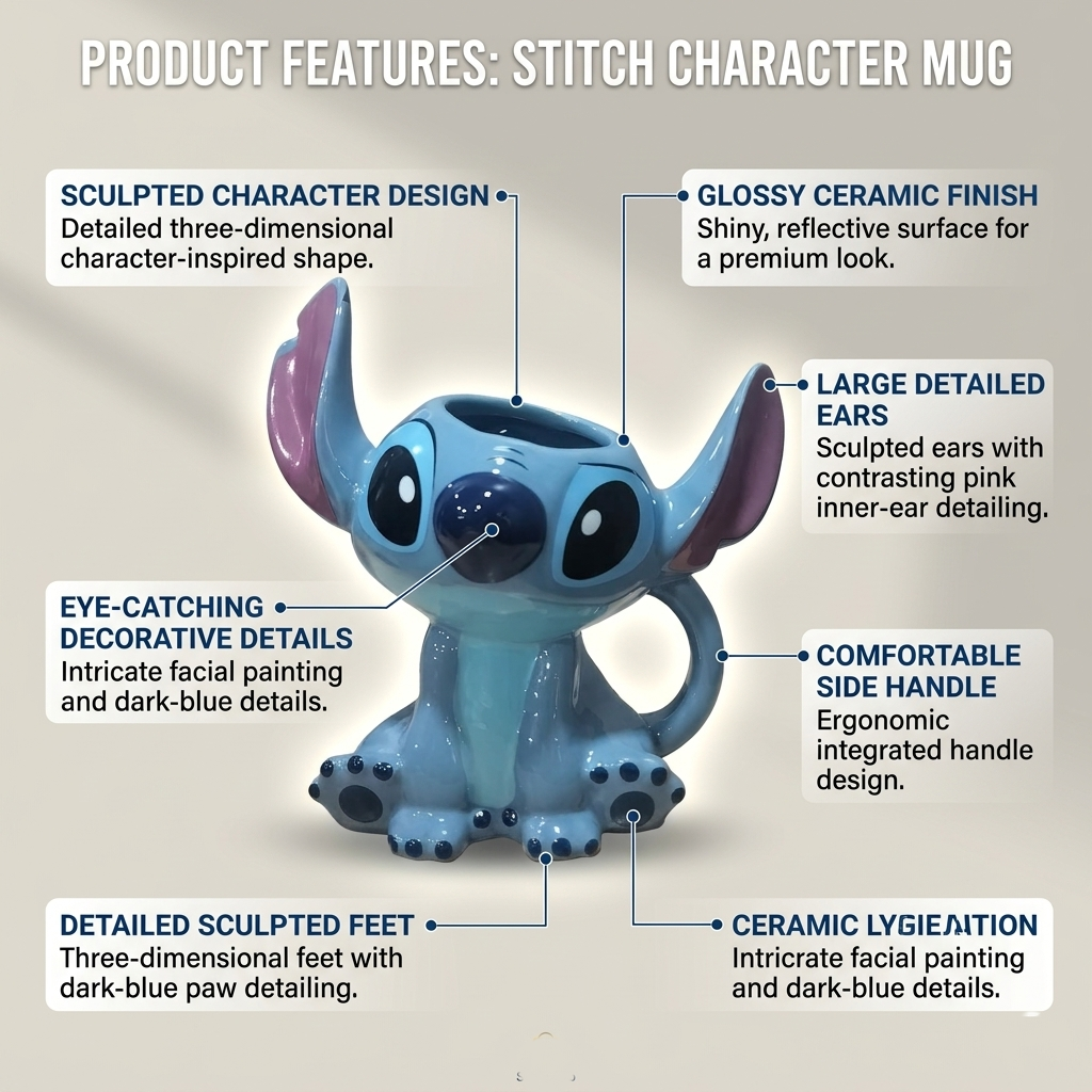 3D Blue Character Ceramic Mug with Sculpted Ears & Handle | 15 cm
