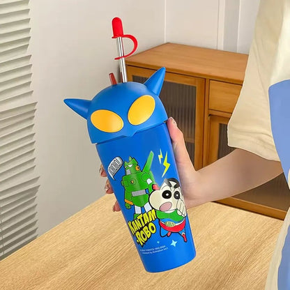 Shinchan Kantam Robo Sipper Bottle – 3D Helmet Lid with Straw | 600ML Anime Cartoon Tumbler