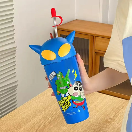 Shinchan Kantam Robo Sipper Bottle – 3D Helmet Lid with Straw | 600ML Anime Cartoon Tumbler