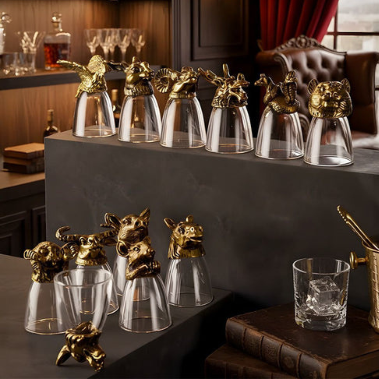 Golden Animal Head Shot Glass Set – Luxury 12-Piece Collection