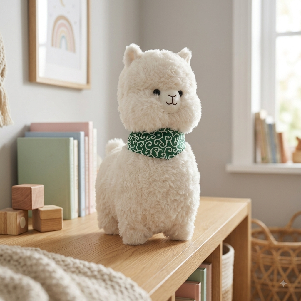 Cute Fluffy White Alpaca Plush Toy with Green Scarf (36cm)