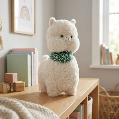 Cute Fluffy White Alpaca Plush Toy with Green Scarf (36cm)