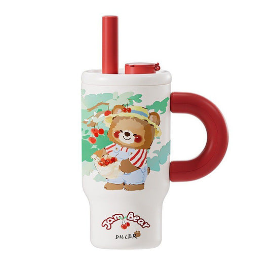 Jam Bear Cherry Tumbler – 1000ml Cute Cartoon Mug with Handle & Straw