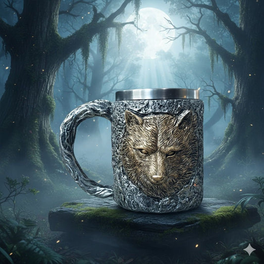 EMERGE Wolf Head Mug – Rustic Fantasy Tankard with Stainless Steel Lining for Coffee, Beer & Gifting