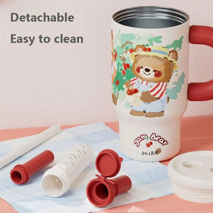 Jam Bear Cherry Tumbler – 1000ml Cute Cartoon Mug with Handle & Straw