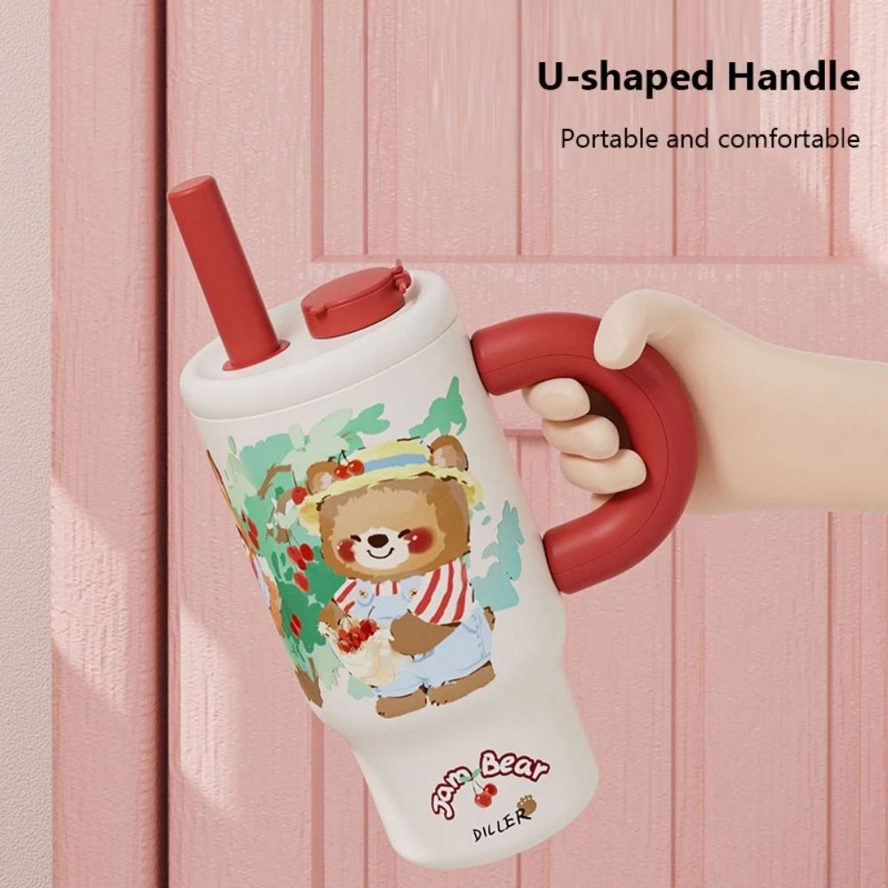 Jam Bear Cherry Tumbler – 1000ml Cute Cartoon Mug with Handle & Straw