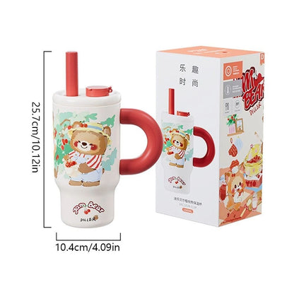 Jam Bear Cherry Tumbler – 1000ml Cute Cartoon Mug with Handle & Straw