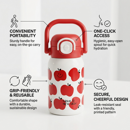 Cute Apple Print Reusable Water Bottle with Carrying Handle – Portable Sipper Bottle with One-Touch Flip Lid (16cm x 7cm)
