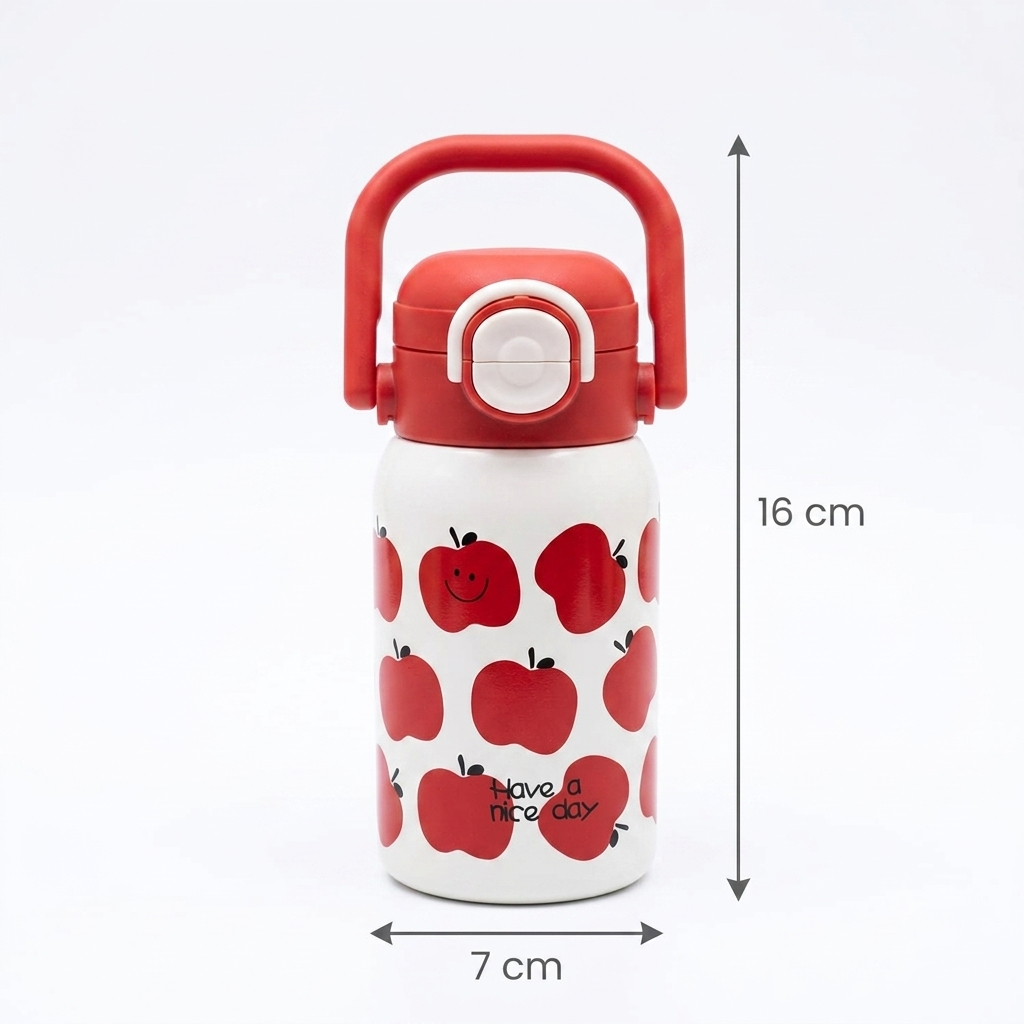 Cute Apple Print Reusable Water Bottle with Carrying Handle – Portable Sipper Bottle with One-Touch Flip Lid (16cm x 7cm)
