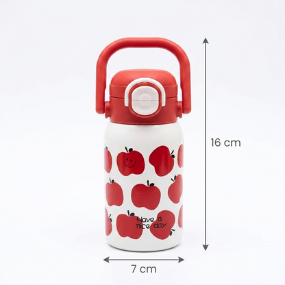 Cute Apple Print Reusable Water Bottle with Carrying Handle – Portable Sipper Bottle with One-Touch Flip Lid (16cm x 7cm)