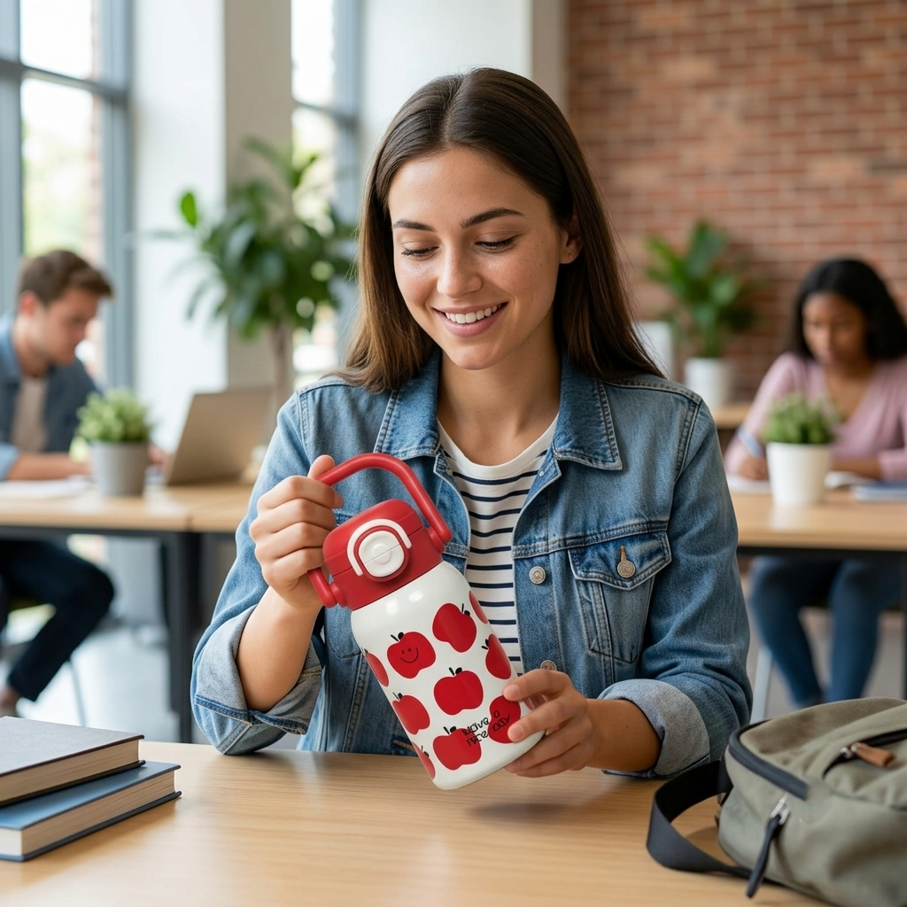 Cute Apple Print Reusable Water Bottle with Carrying Handle – Portable Sipper Bottle with One-Touch Flip Lid (16cm x 7cm)