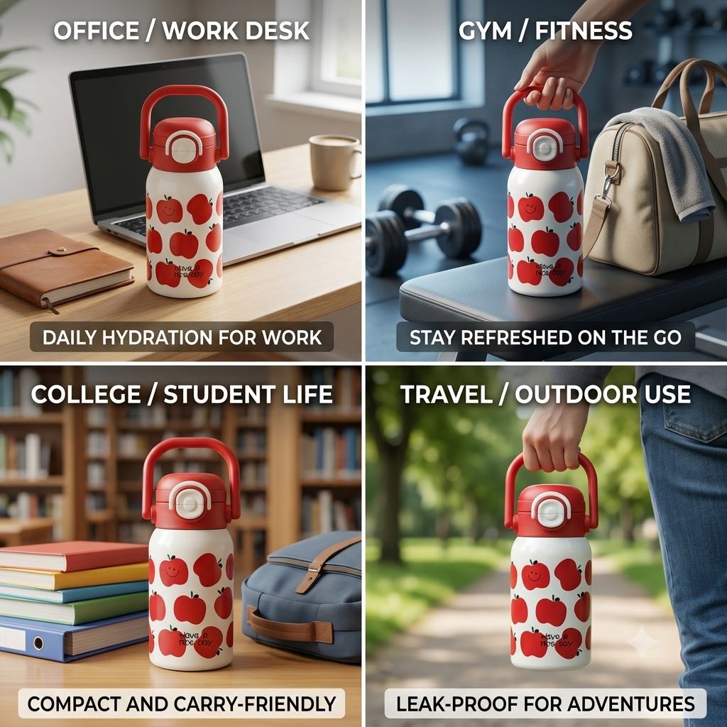 Cute Apple Print Reusable Water Bottle with Carrying Handle – Portable Sipper Bottle with One-Touch Flip Lid (16cm x 7cm)