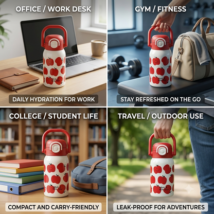 Cute Apple Print Reusable Water Bottle with Carrying Handle – Portable Sipper Bottle with One-Touch Flip Lid (16cm x 7cm)