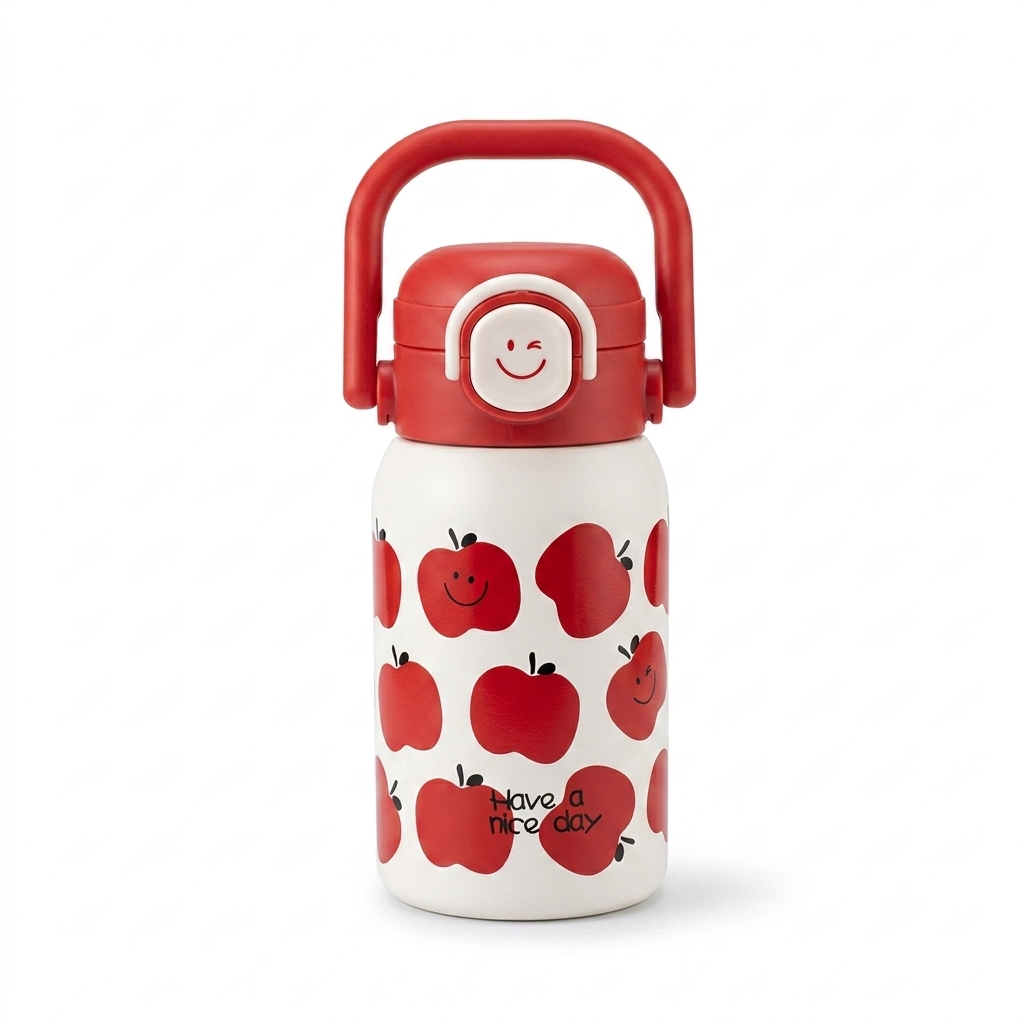 Cute Apple Print Reusable Water Bottle with Carrying Handle – Portable Sipper Bottle with One-Touch Flip Lid (16cm x 7cm)