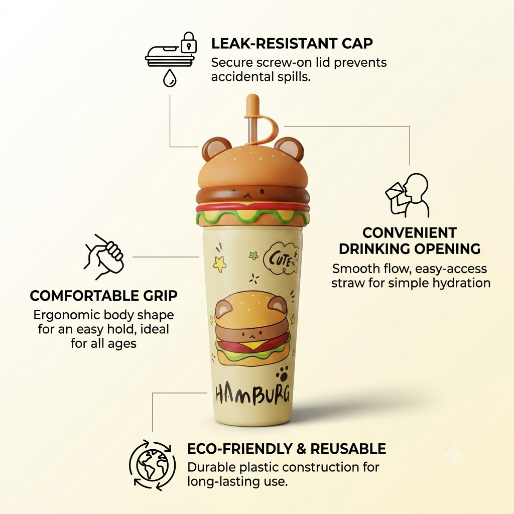 Cute Hamburger Bear Sipper Bottle with Straw & Leak-Resistant Cap – 25cm Reusable Water Tumbler for Kids & School