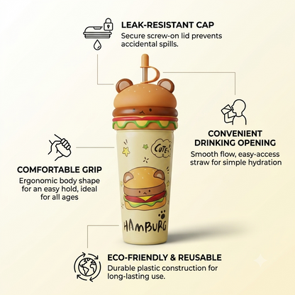 Cute Hamburger Bear Sipper Bottle with Straw & Leak-Resistant Cap – 25cm Reusable Water Tumbler for Kids & School
