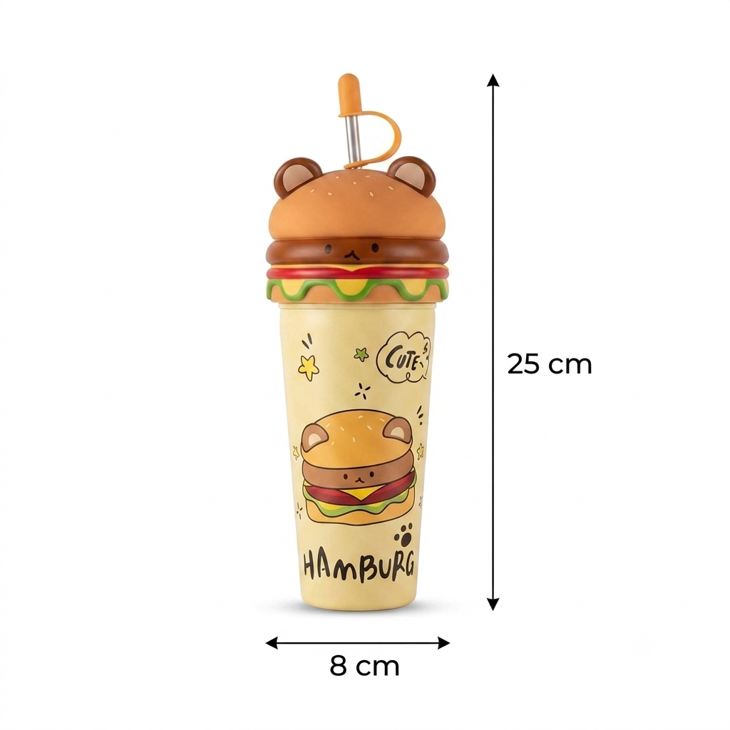 Cute Hamburger Bear Sipper Bottle with Straw & Leak-Resistant Cap – 25cm Reusable Water Tumbler for Kids & School