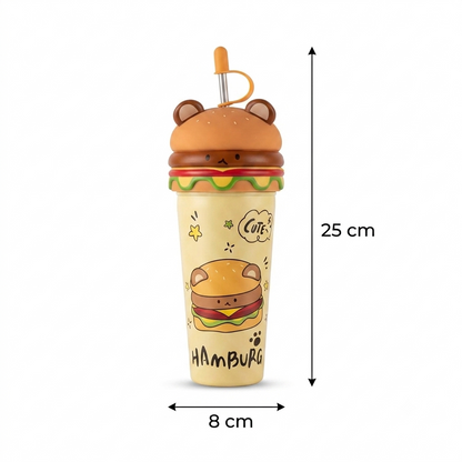 Cute Hamburger Bear Sipper Bottle with Straw & Leak-Resistant Cap – 25cm Reusable Water Tumbler for Kids & School