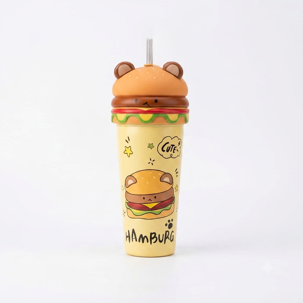 Cute Hamburger Bear Sipper Bottle with Straw & Leak-Resistant Cap – 25cm Reusable Water Tumbler for Kids & School