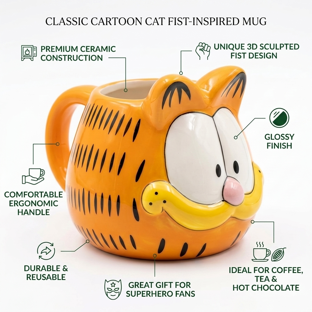 Garfield 3D Sculpted Ceramic Coffee Mug | 10 cm Orange Cartoon Face Mug for Tea & Coffee