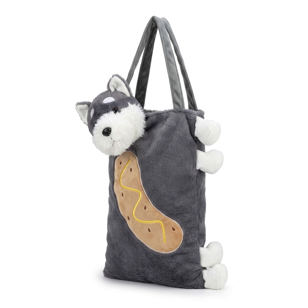 Cute 3D Husky Dog Plush Tote Bag for Women & Girls | Soft Grey Furry Shoulder Bag for Shopping, College & Daily Use | Novelty Aesthetic Handbag