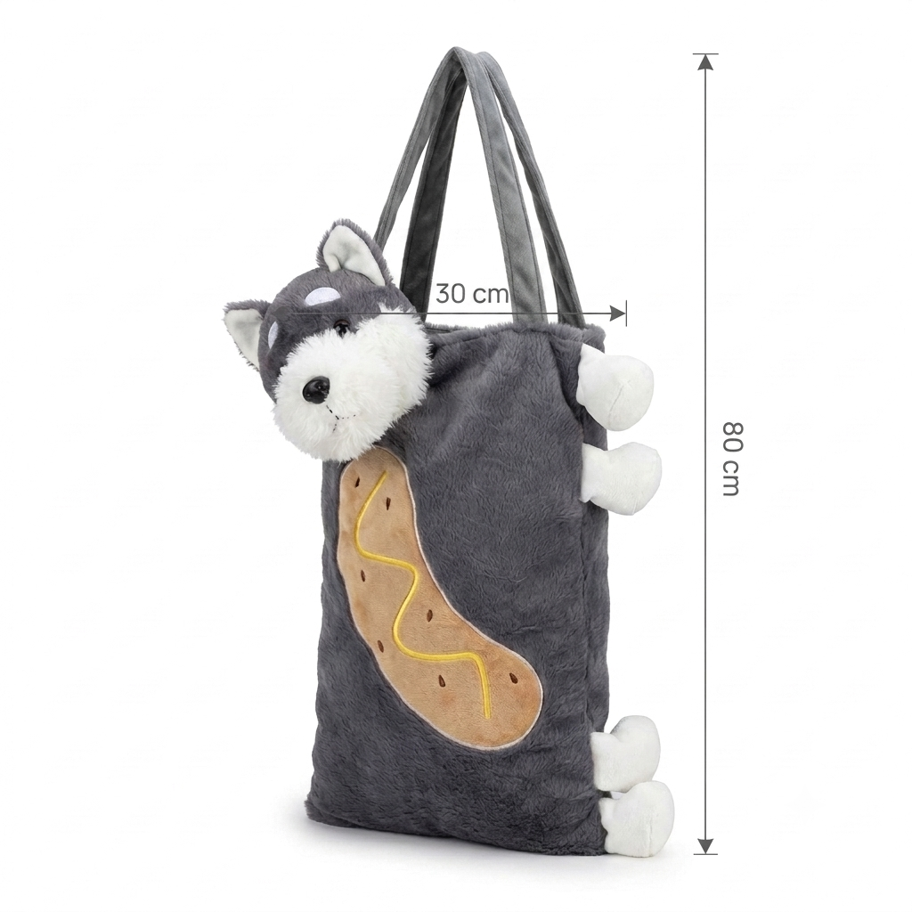 Cute 3D Husky Dog Plush Tote Bag for Women & Girls | Soft Grey Furry Shoulder Bag for Shopping, College & Daily Use | Novelty Aesthetic Handbag