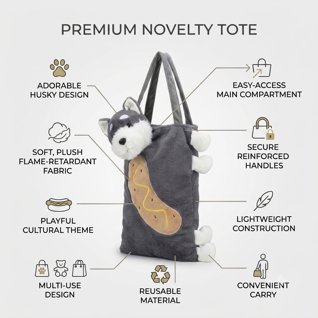 Cute 3D Husky Dog Plush Tote Bag for Women & Girls | Soft Grey Furry Shoulder Bag for Shopping, College & Daily Use | Novelty Aesthetic Handbag