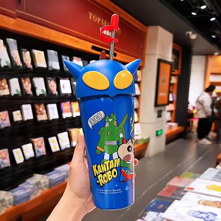 Shinchan Kantam Robo Sipper Bottle – 3D Helmet Lid with Straw | 600ML Anime Cartoon Tumbler