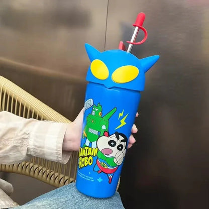 Shinchan Kantam Robo Sipper Bottle – 3D Helmet Lid with Straw | 600ML Anime Cartoon Tumbler