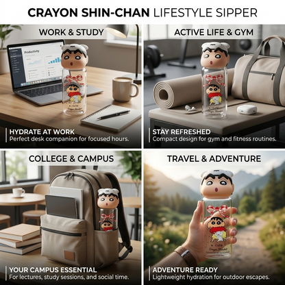 Official Crayon Shin-chan Reusable Glass Sipper Water Bottle (16cm Tall) with Character Lid