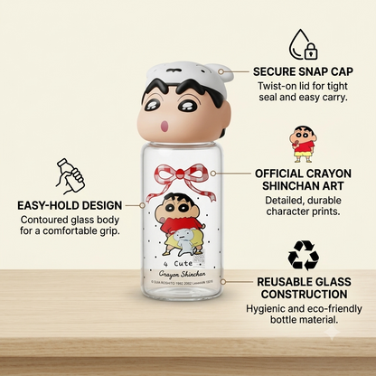 Official Crayon Shin-chan Reusable Glass Sipper Water Bottle (16cm Tall) with Character Lid