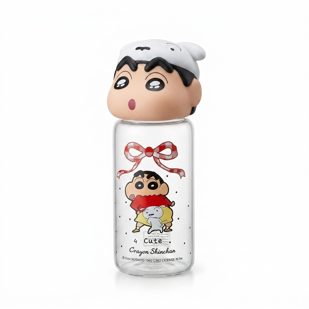 Official Crayon Shin-chan Reusable Glass Sipper Water Bottle (16cm Tall) with Character Lid