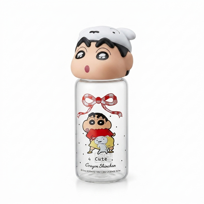 Official Crayon Shin-chan Reusable Glass Sipper Water Bottle (16cm Tall) with Character Lid