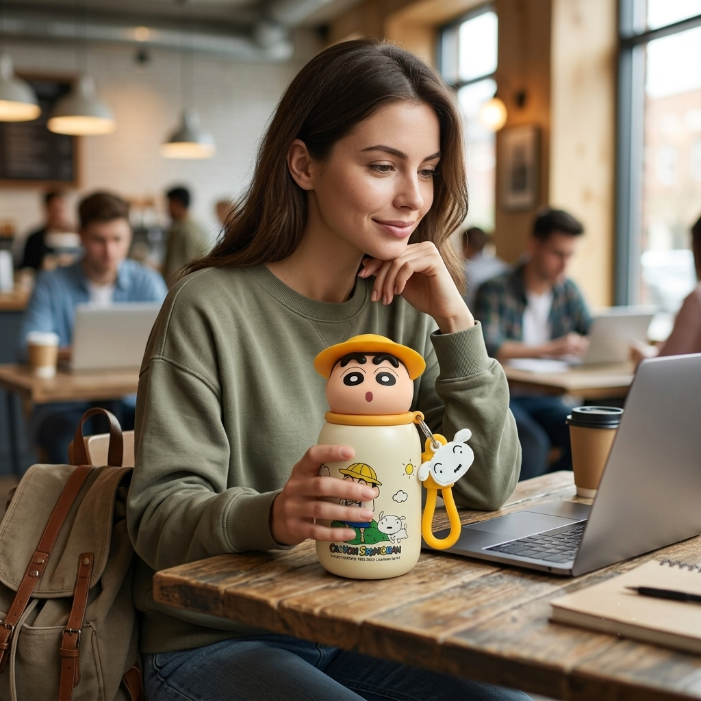 Crayon Shin-Chan Cute Anime Sipper Water Bottle with 3D Character Lid & Silicone Carry Loop (16cm x 8cm)