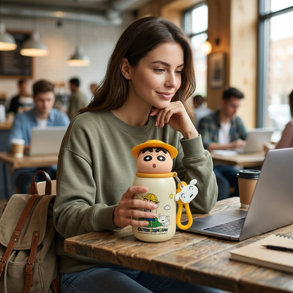Crayon Shin-Chan Cute Anime Sipper Water Bottle with 3D Character Lid & Silicone Carry Loop (16cm x 8cm)