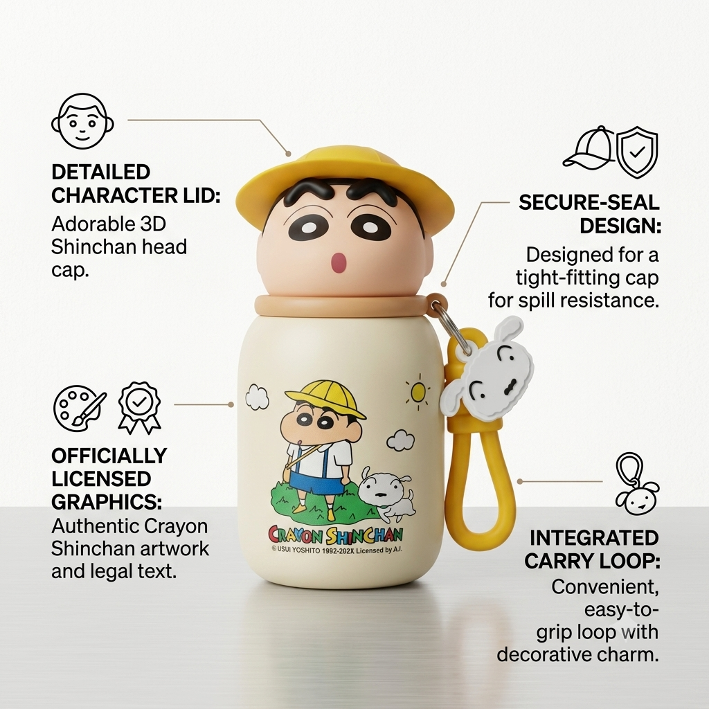 Crayon Shin-Chan Cute Anime Sipper Water Bottle with 3D Character Lid & Silicone Carry Loop (16cm x 8cm)