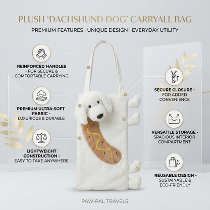 Soft Plush Dachshund Dog Tote Bag for Girls & Women | Cute 3D Fluffy Shoulder Carryall Bag with Zipper Closure for College, Travel & Daily Use (White)