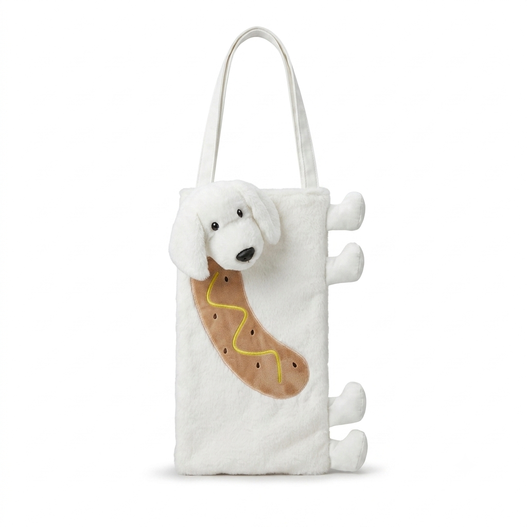 Soft Plush Dachshund Dog Tote Bag for Girls & Women | Cute 3D Fluffy Shoulder Carryall Bag with Zipper Closure for College, Travel & Daily Use (White)