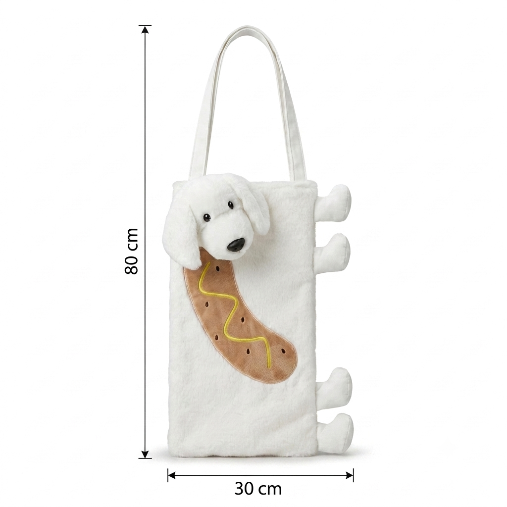 Soft Plush Dachshund Dog Tote Bag for Girls & Women | Cute 3D Fluffy Shoulder Carryall Bag with Zipper Closure for College, Travel & Daily Use (White)