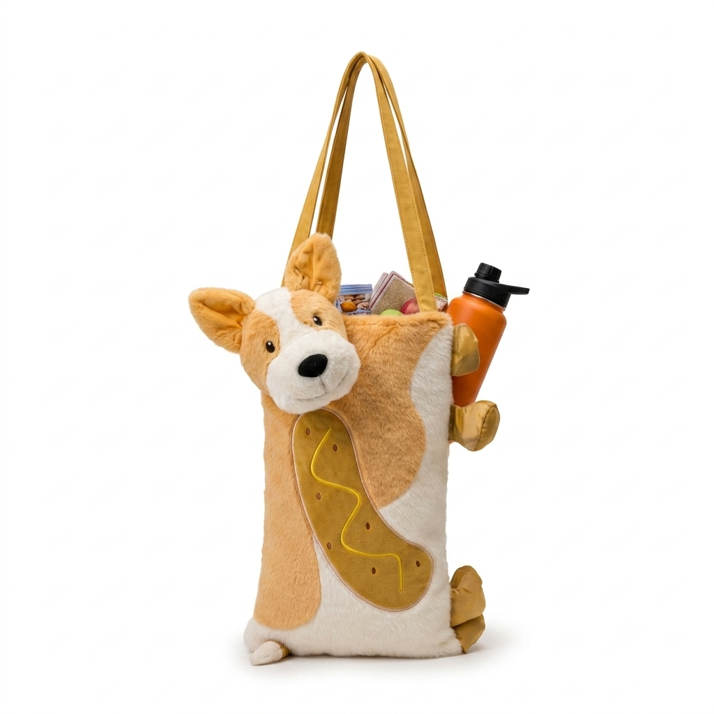 Cute Dog Plush Tote Bag for Women & Girls – Soft Velvet Corgi Hotdog Shoulder Bag with Zipper, Reusable Casual Travel & Everyday Carry Bag